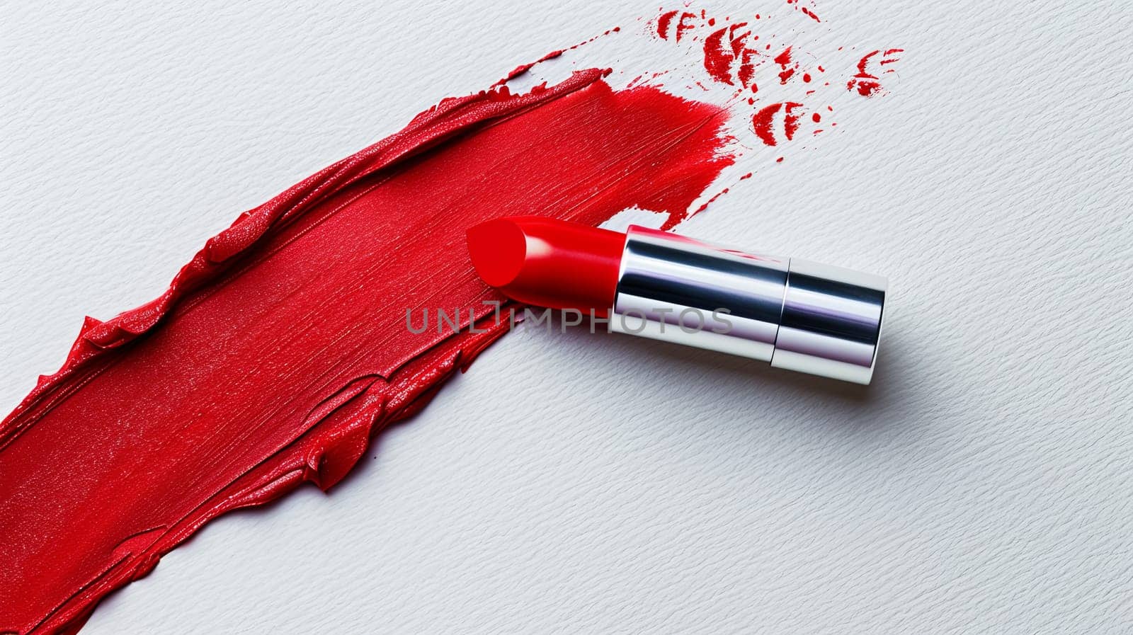 A red lipstick leaves a smudged stroke on a white surface.