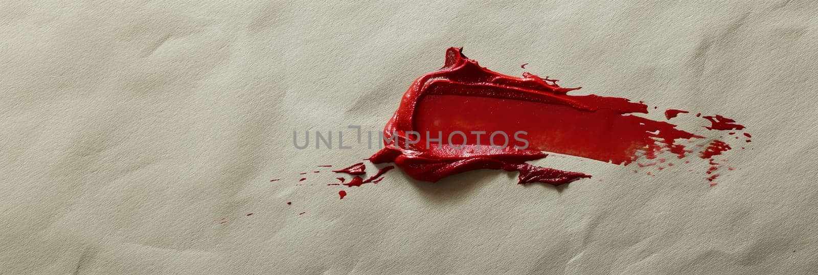 A piece of paper with a bold red stain painted on it, created by a swipe of classic red matte lipstick.