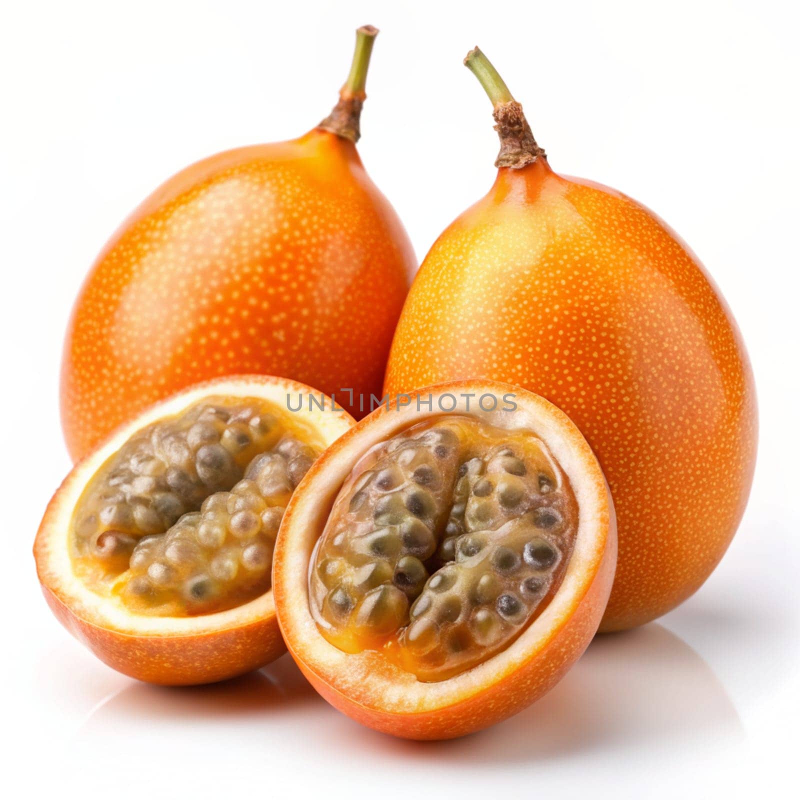 Grenadilla and half of passion fruit with pulp and black seeds isolated on white background. Ai generated image