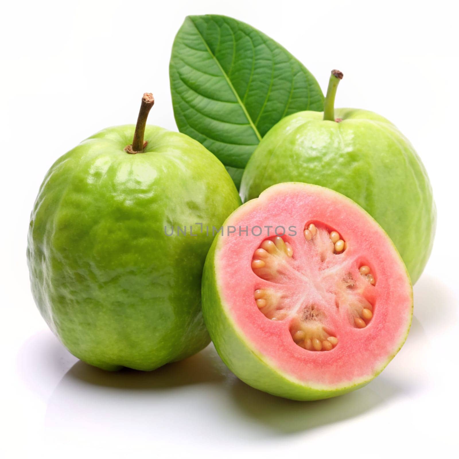 Green guava with pink flesh. Whole fruits and a half with green leaves isolated on white background. Ai generated by alenamoore