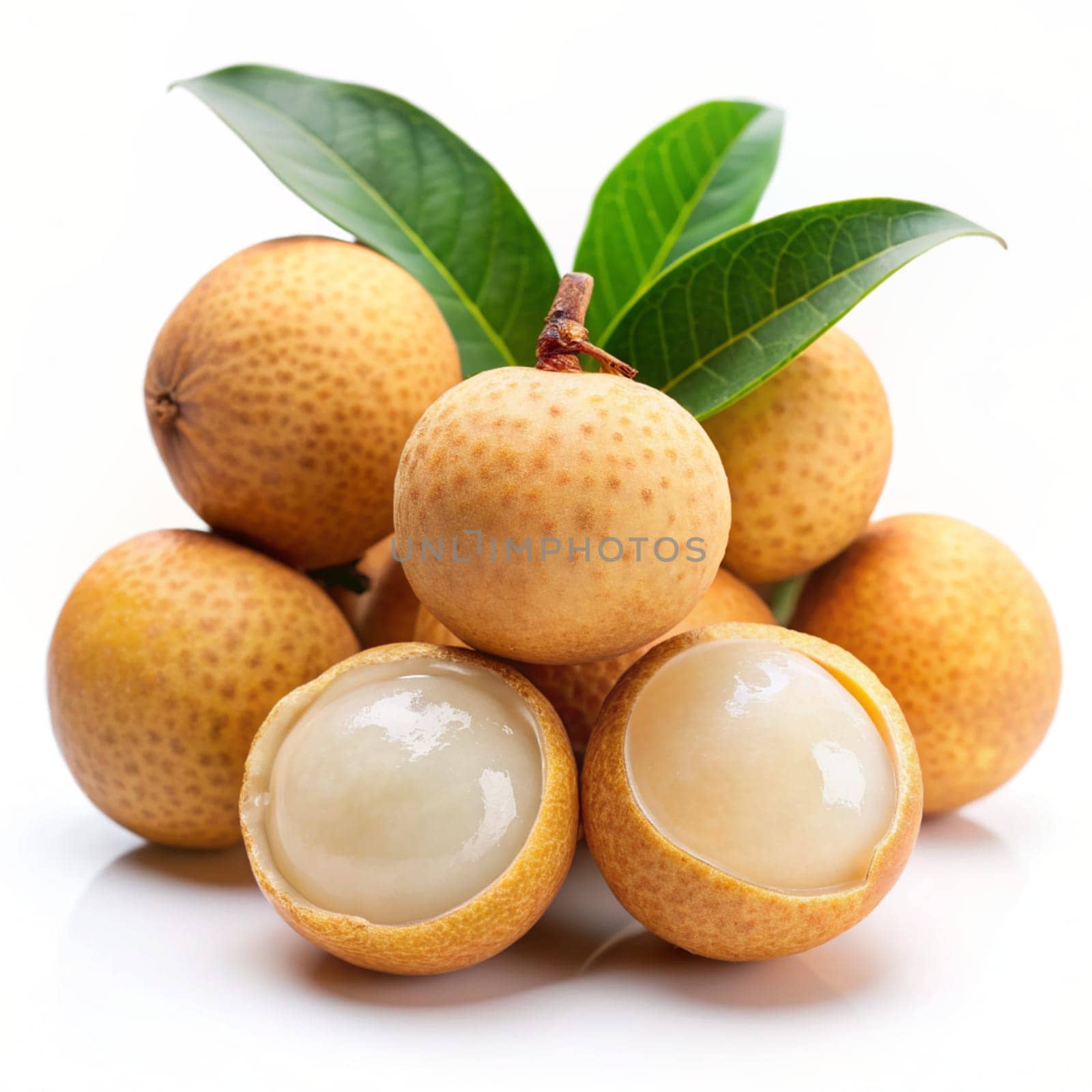 Bunch of fresh Longan with green leaves isolated on white background. Ai generated by alenamoore