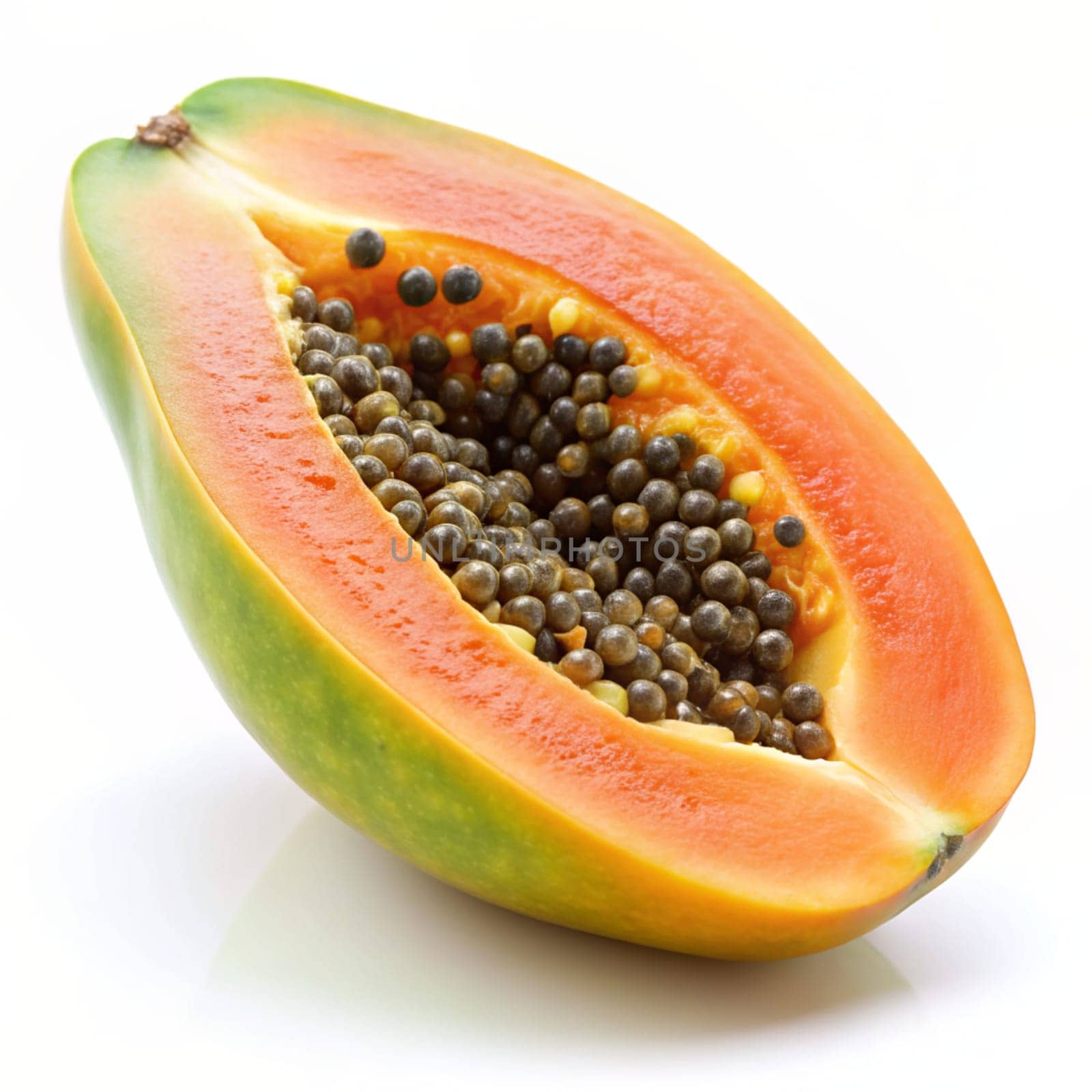 Half of ripe papaya fruit with seeds isolated on white background. Ai generated by alenamoore