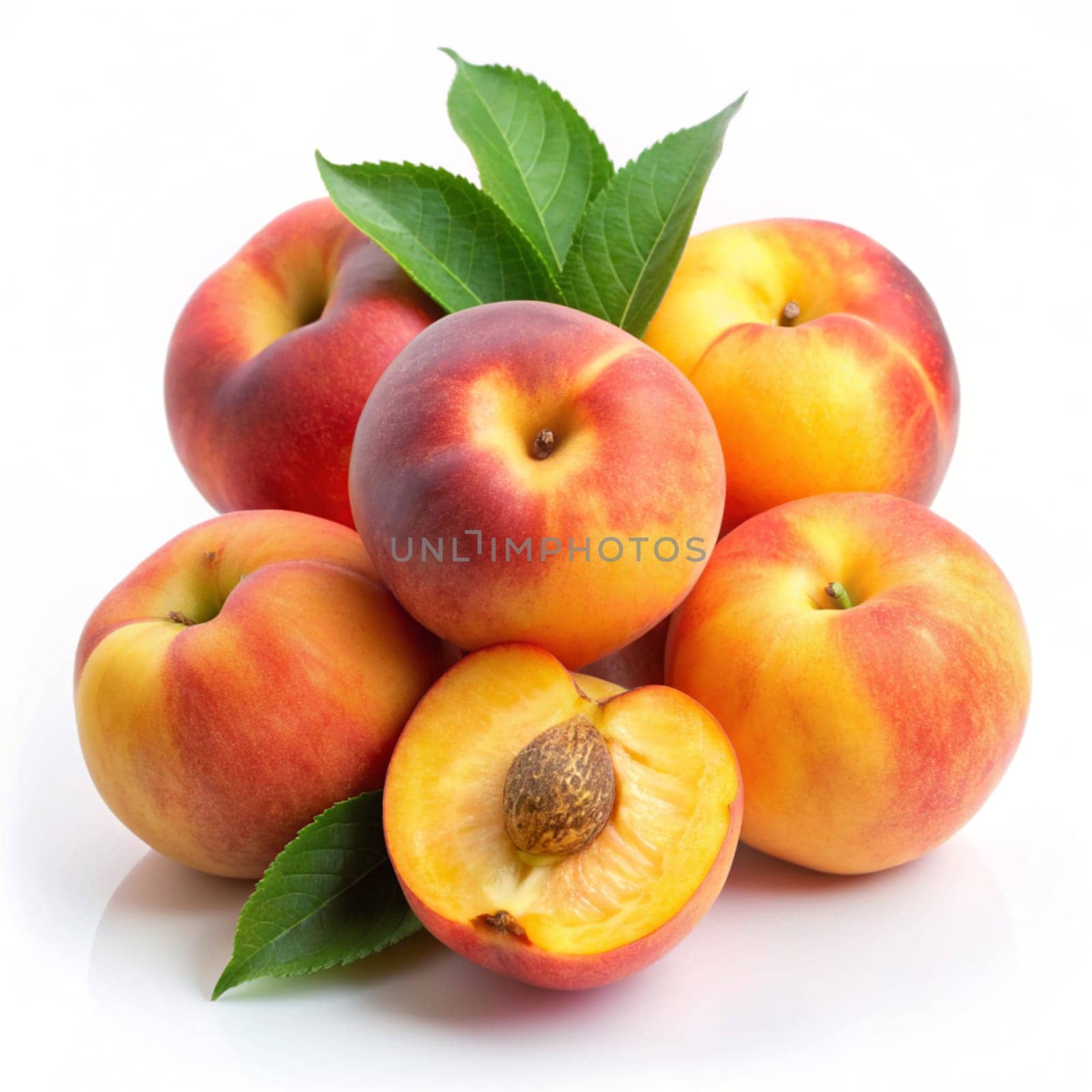 Peaches with green leaves isolated on a white background. Fresh fruits. Ai generated by alenamoore