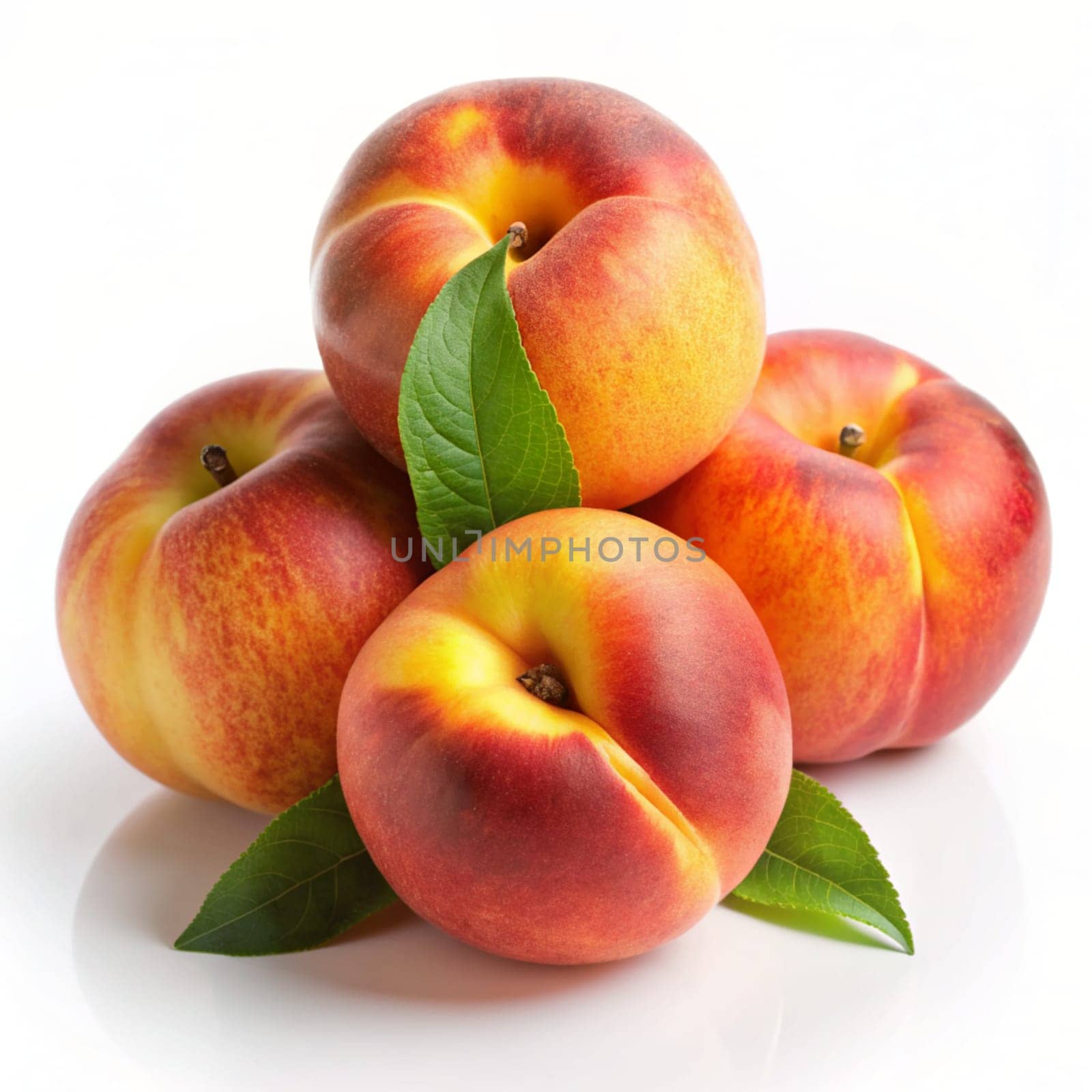 Nectarines with green leaves isolated on white background. Ai generated by alenamoore