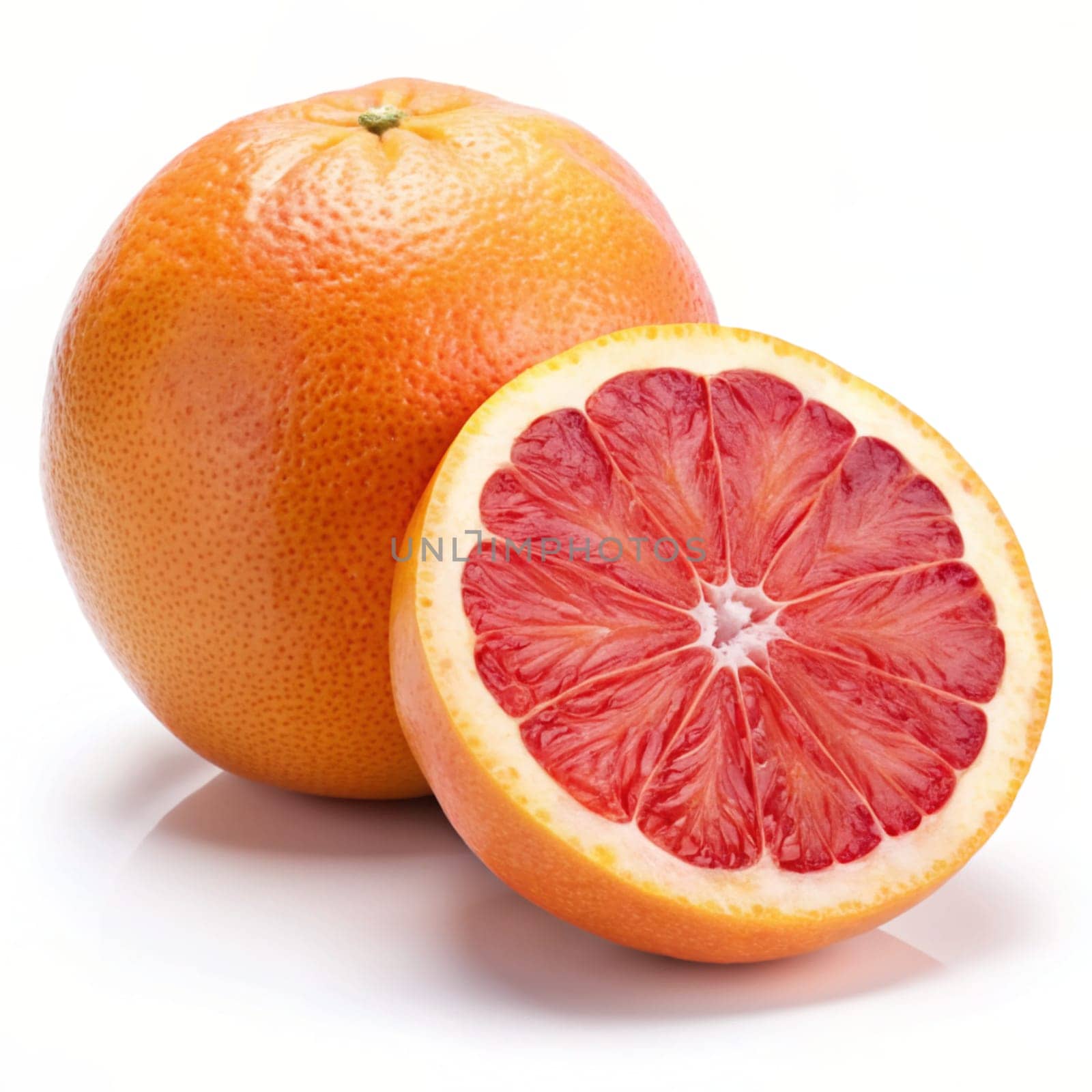 Whole and sliced red grapefruit isolated on white background. Ai generated by alenamoore