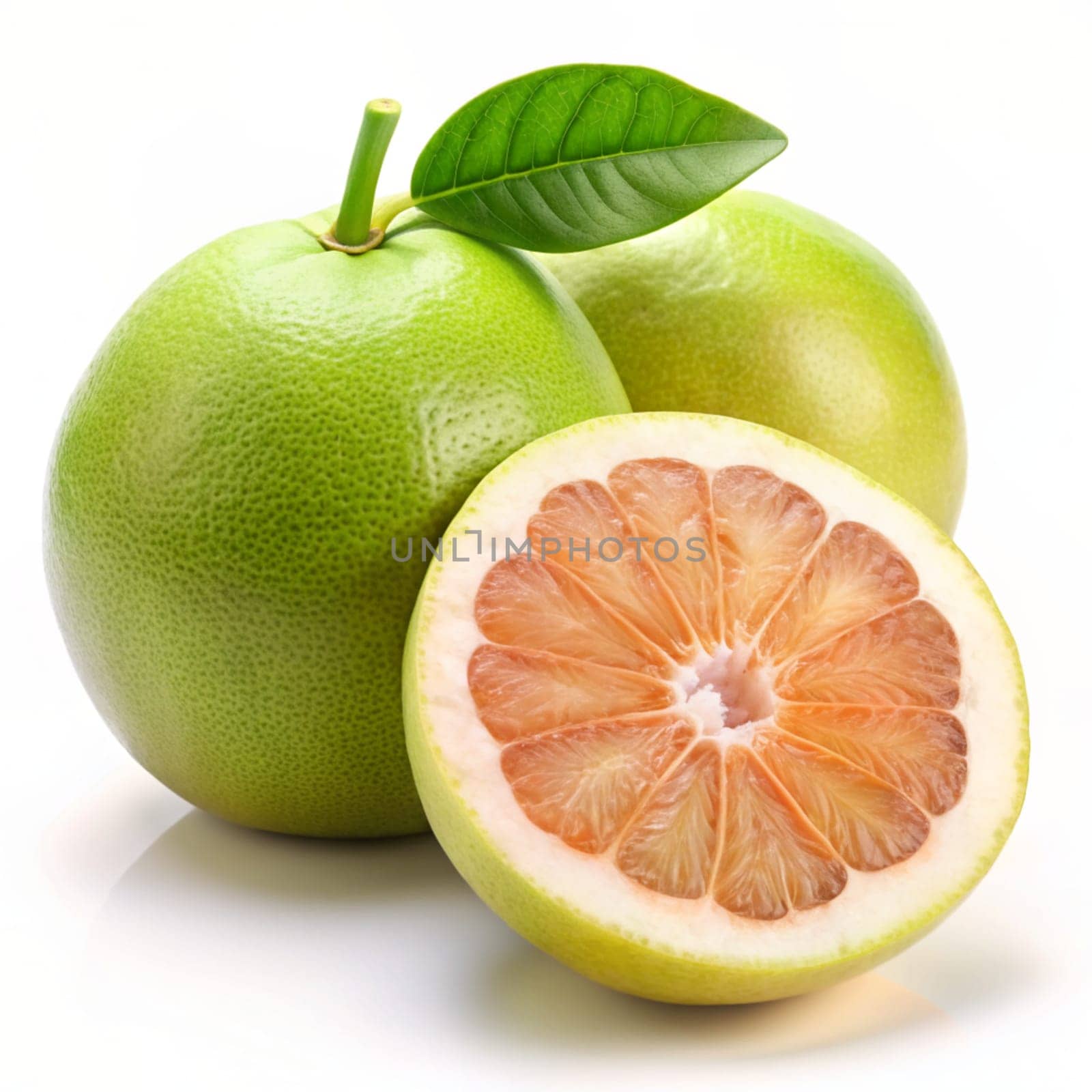 Whole Pomelo Fruit and half with green leaf on white background. Ai generated image by alenamoore