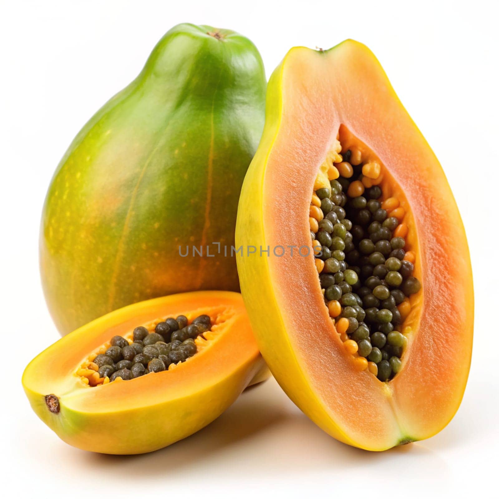 Whole and half of ripe papaya fruit with seeds isolated on white background. Ai generated by alenamoore