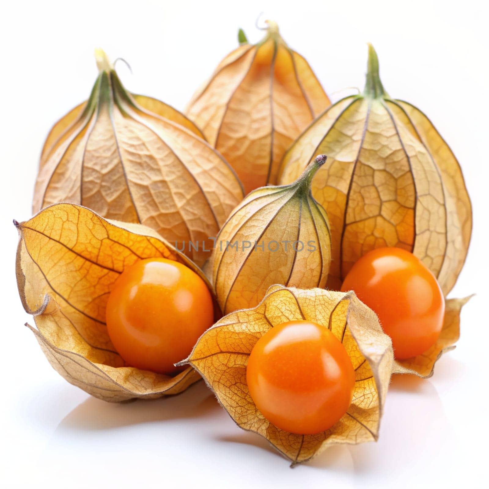 Cape gooseberry (Physalis peruviana) on a white background. Physalis fruit or golden berry. Ai generated by alenamoore