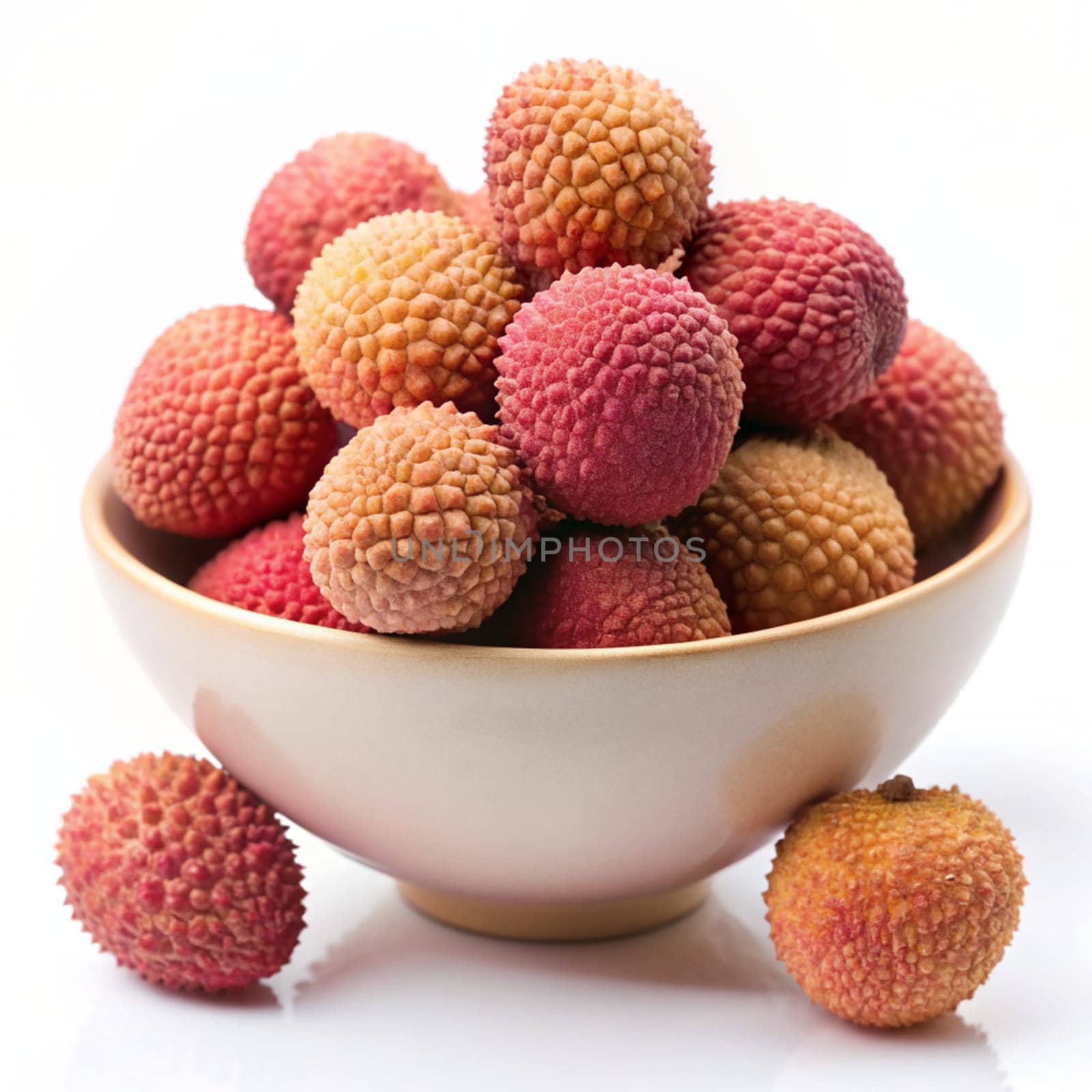 Bowl of Juicy Lychee with cut in half and leaves isolated on white background. Ai generated image