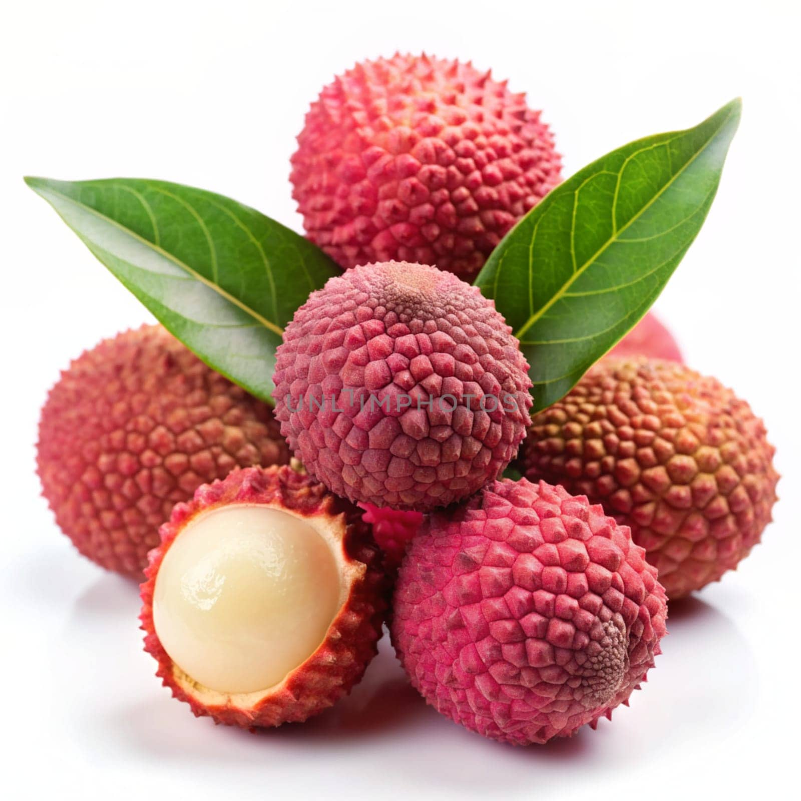 Juicy Lychee with cut in half and leaves isolated on white background. Ai generated by alenamoore