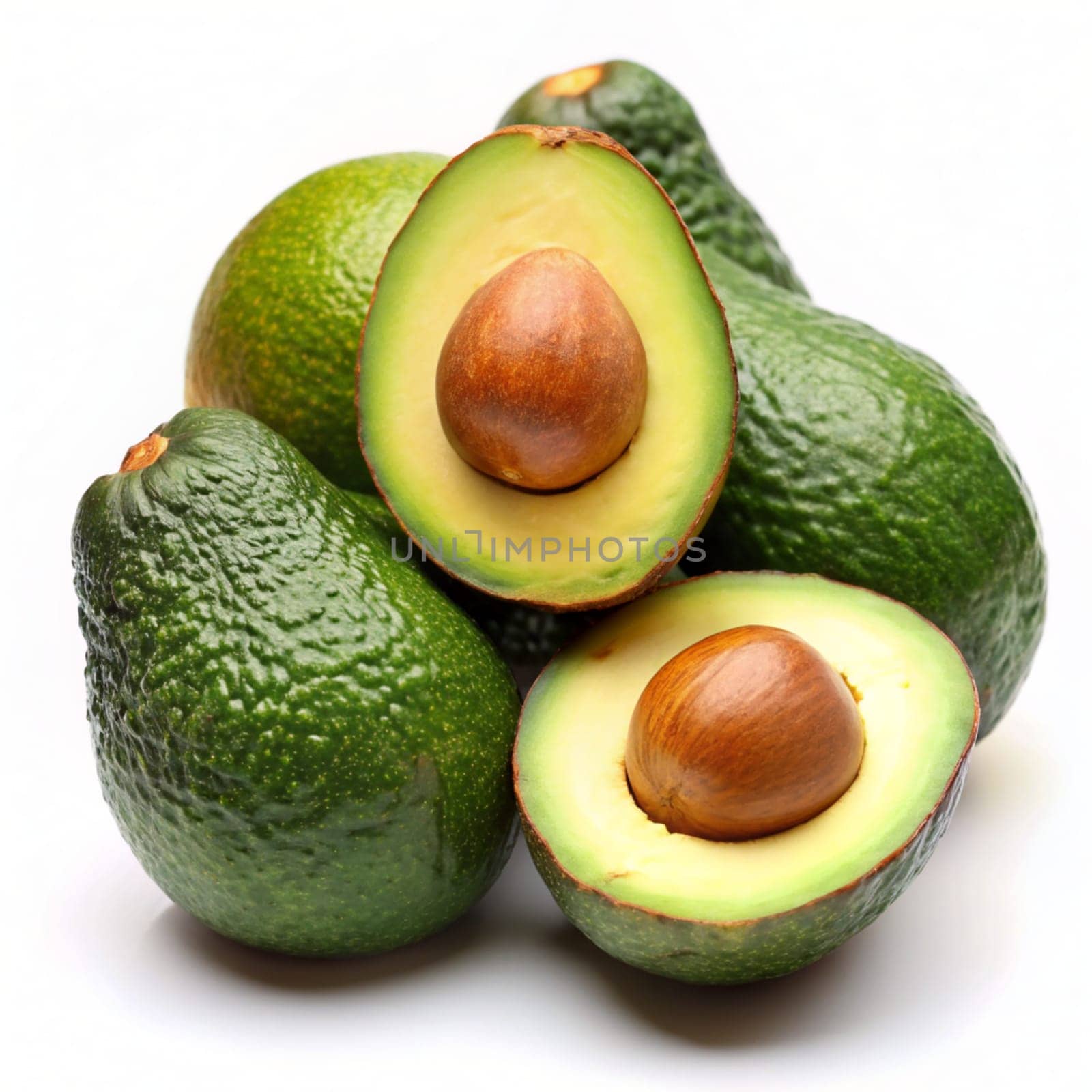 Whole avocado and cut in half isolated on white background. Ai generated image