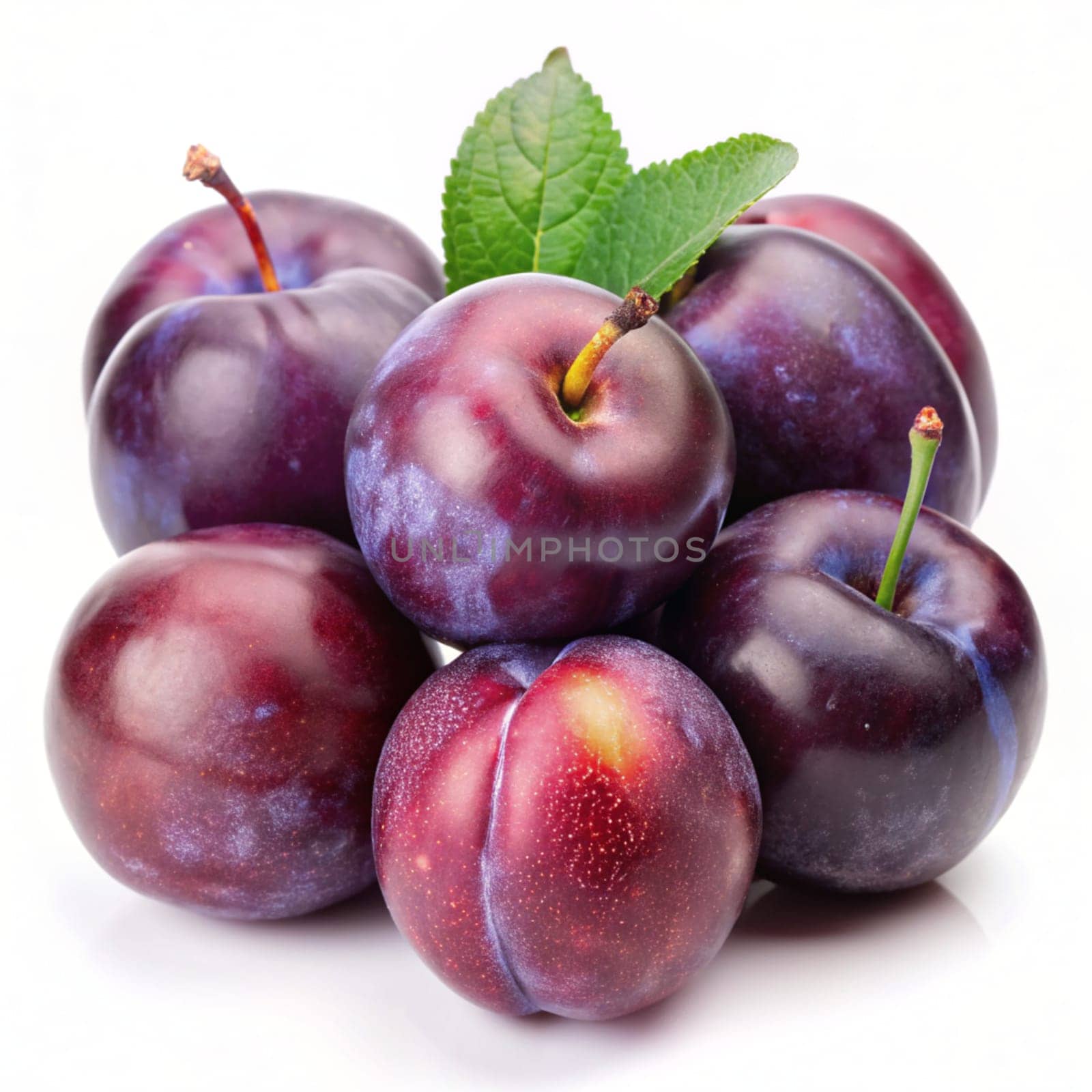 Purple Plums with leaf isolated on white background. Ai generated by alenamoore