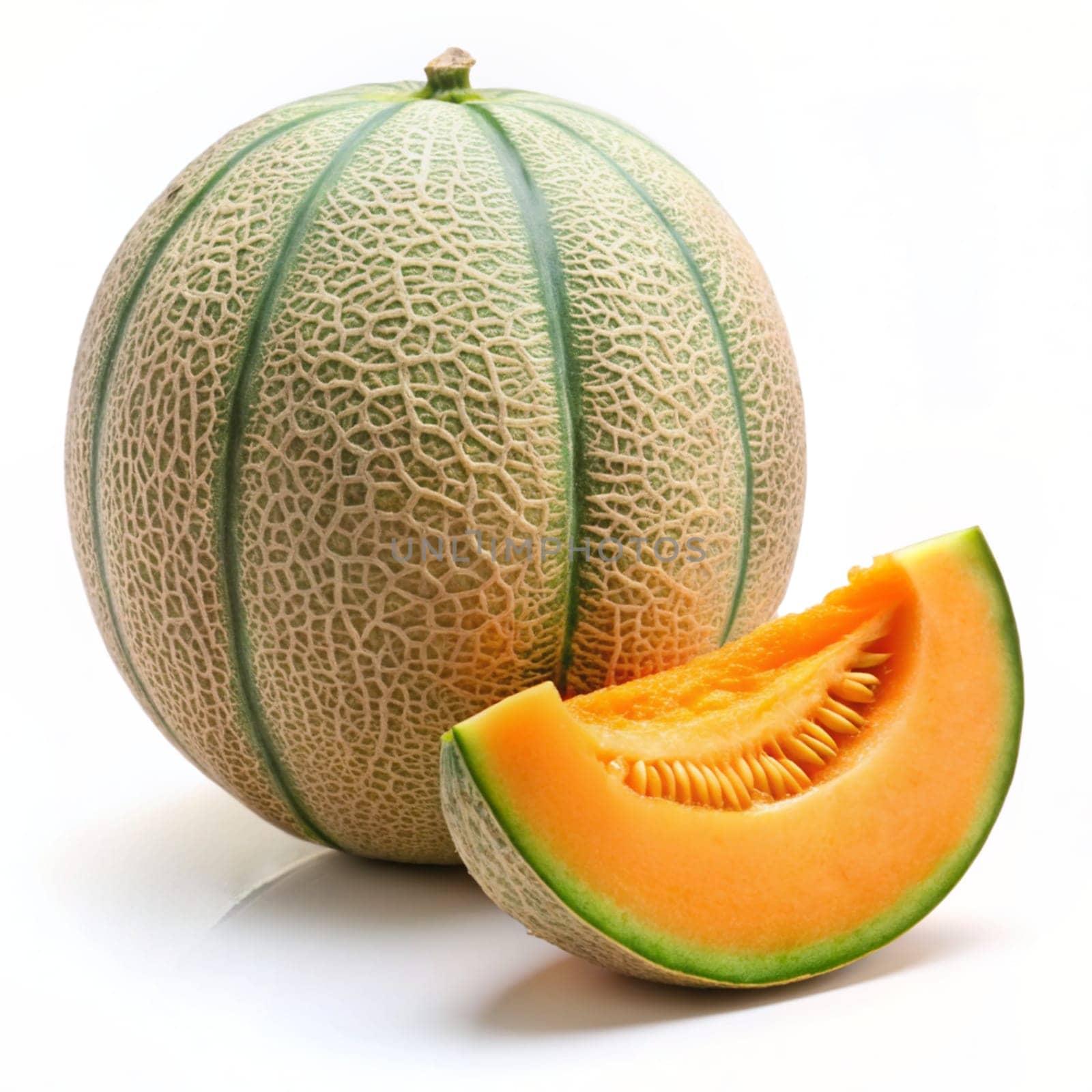 Cantaloupe melon with slice isolated on white background. Ai generated