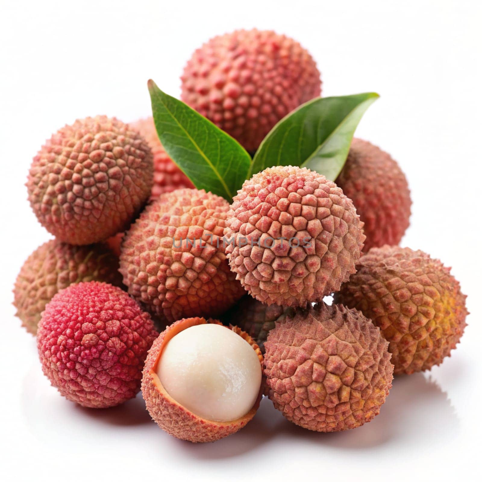 Bunch of Juicy Lychee with cut in half and leaves isolated on white background. Ai generated by alenamoore