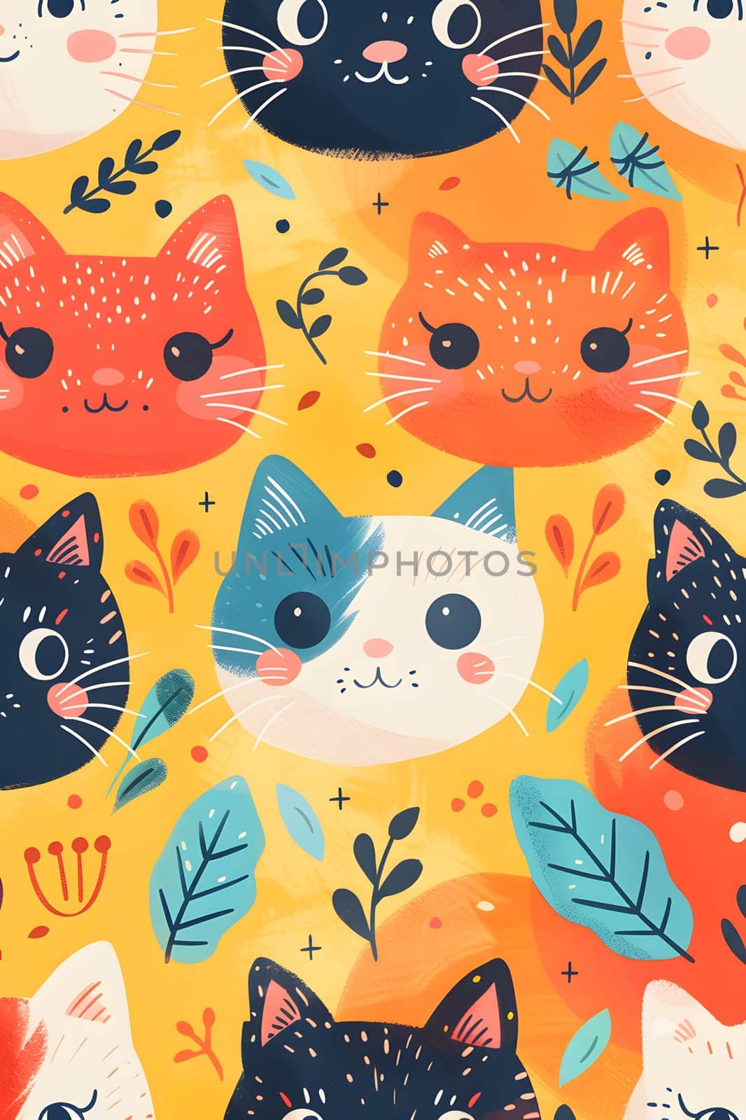 A textile featuring a pattern of white and orange cats among green leaves on a vibrant yellow background. This art piece showcases the beauty of Felidae, a vertebrate organism