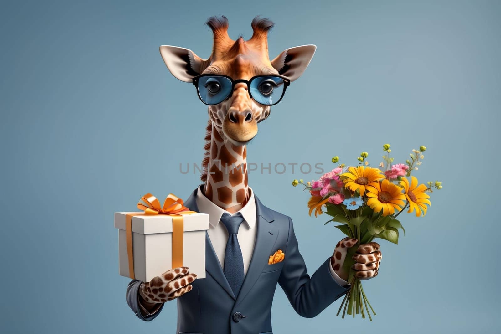 happy giraffe in a suit with a gift and flowers .