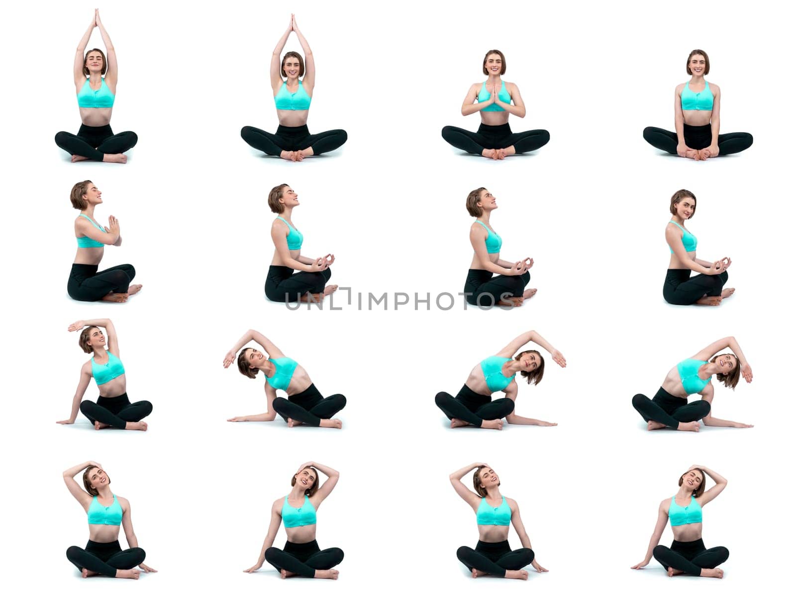 Healthy and active young woman in sportswear with different professional fitness posture set of yoga training session. Meditation yoga exercise on isolated background in gaiety full body length shot.