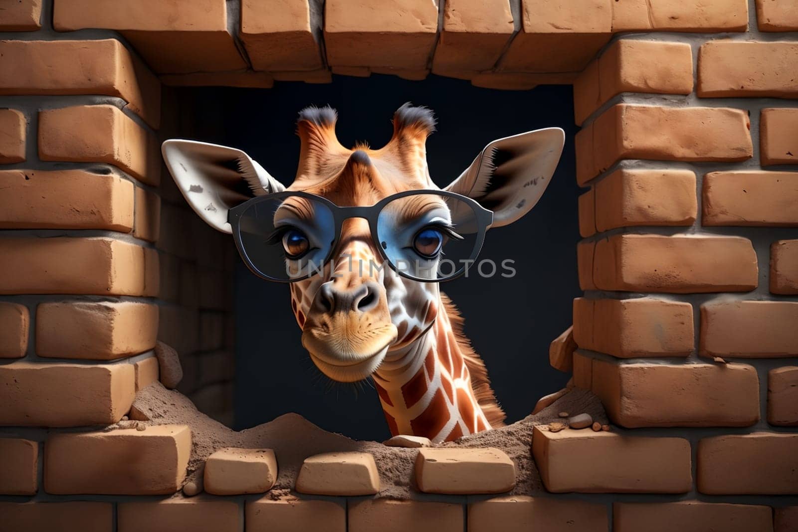 happy giraffe in summer against a brick wall background .