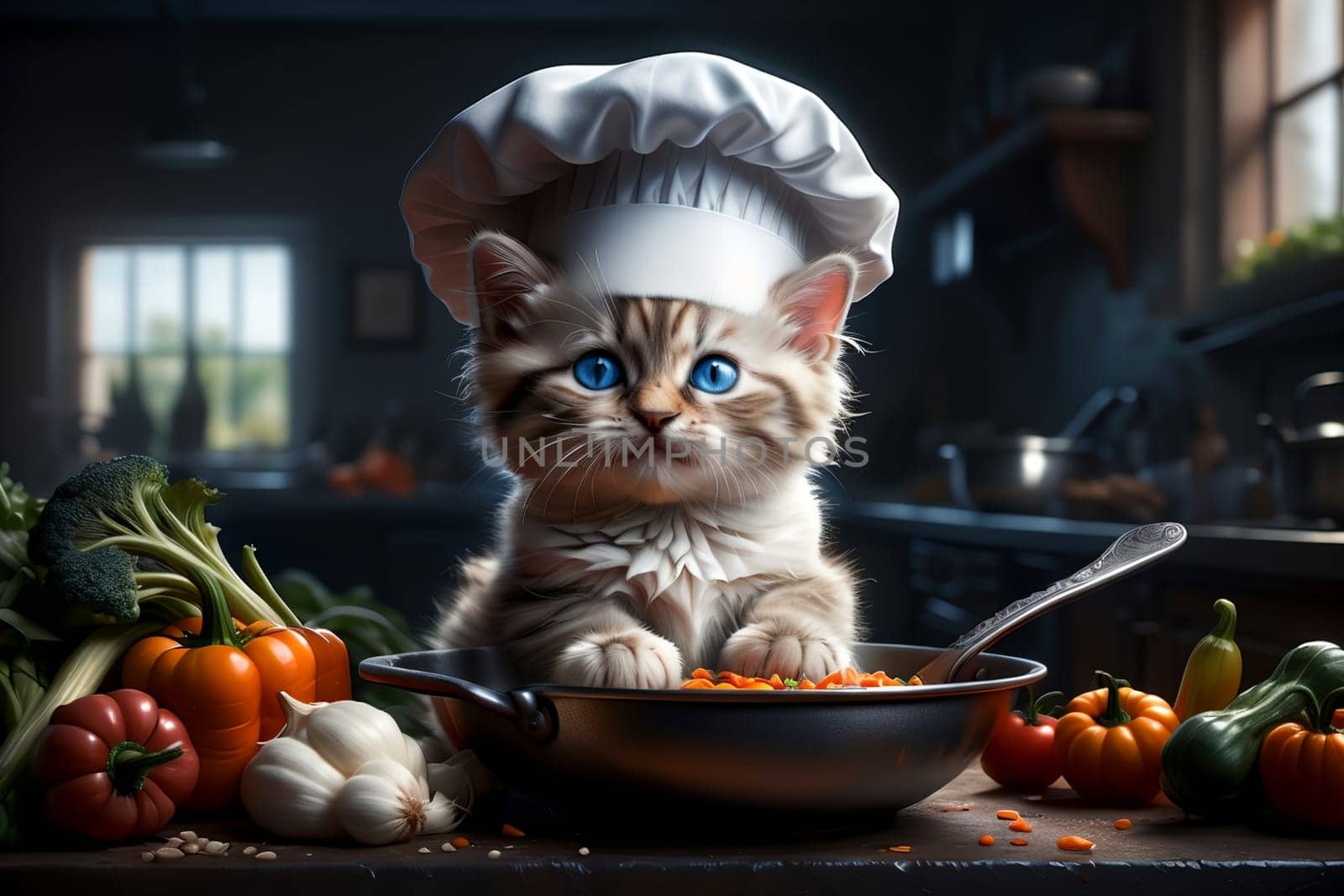 cute cat in the kitchen preparing dinner .