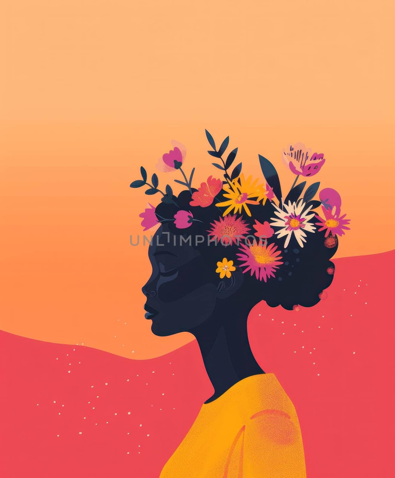 Afro woman with flower hair in vibrant orange background, beauty and fashion concept illustration