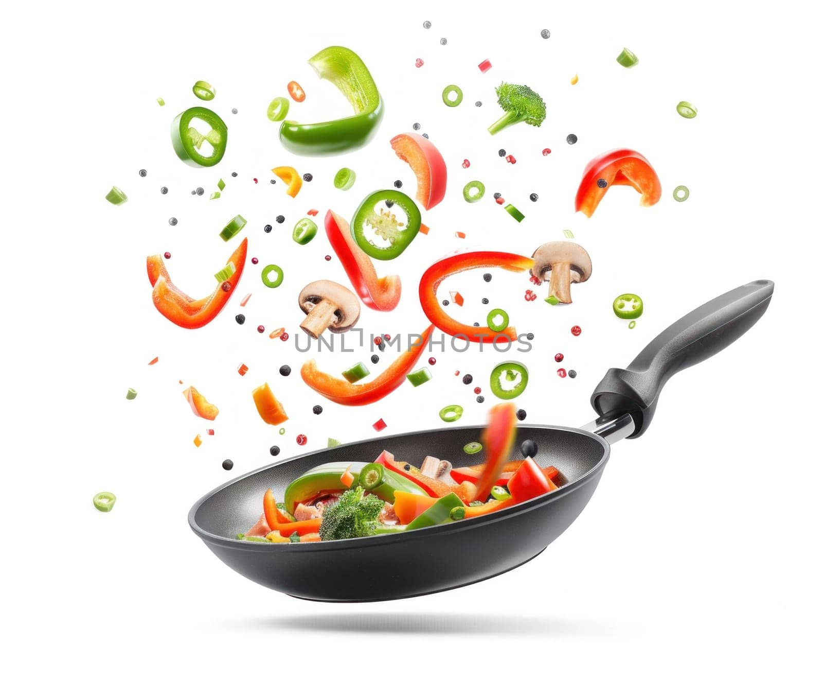 Flying vegetables in frying pan on white background illustration of healthy cooking concept