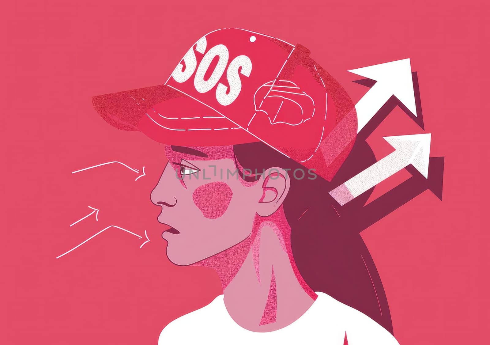 Fashionable woman wearing red hat with arrows pointing to side of head in artistic illustration