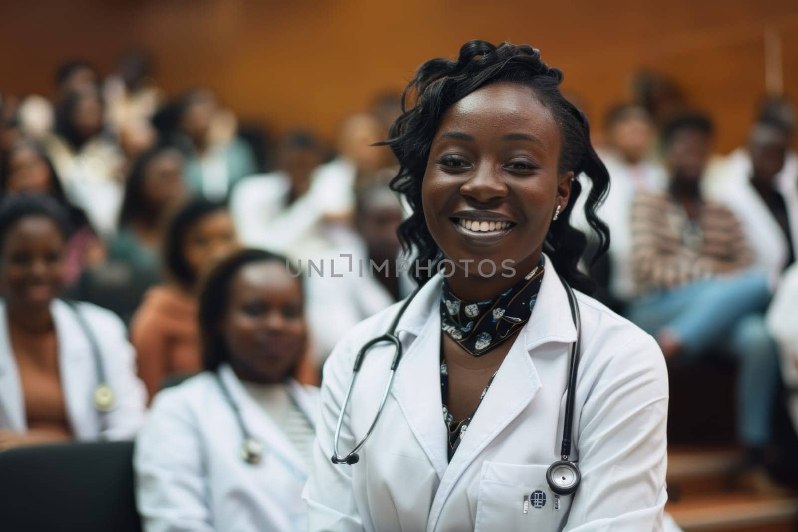 Medical professional leading group in discussion on health care initiatives at conference