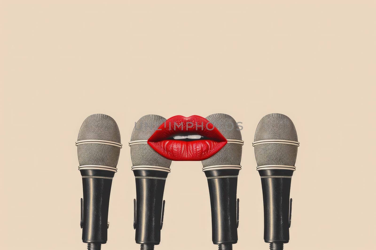 Four microphones with red lips and a microphone on beige background glamorous microphone set for music and entertainment event