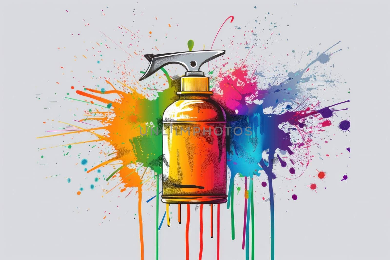Artistic spray bottle with paint splatters and spray can on grey background, creative tools for art projects and diy crafts