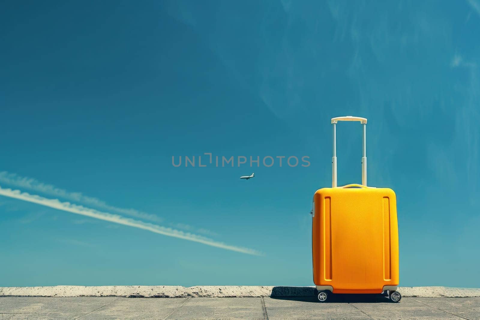 Adventure awaits wanderlust travel concept with suitcase and plane in blue sky background