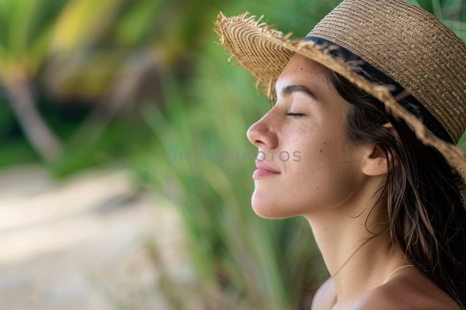 Woman in straw hat looking up at sky in front of palm tree on tropical vacation travel beach beauty relaxation concept