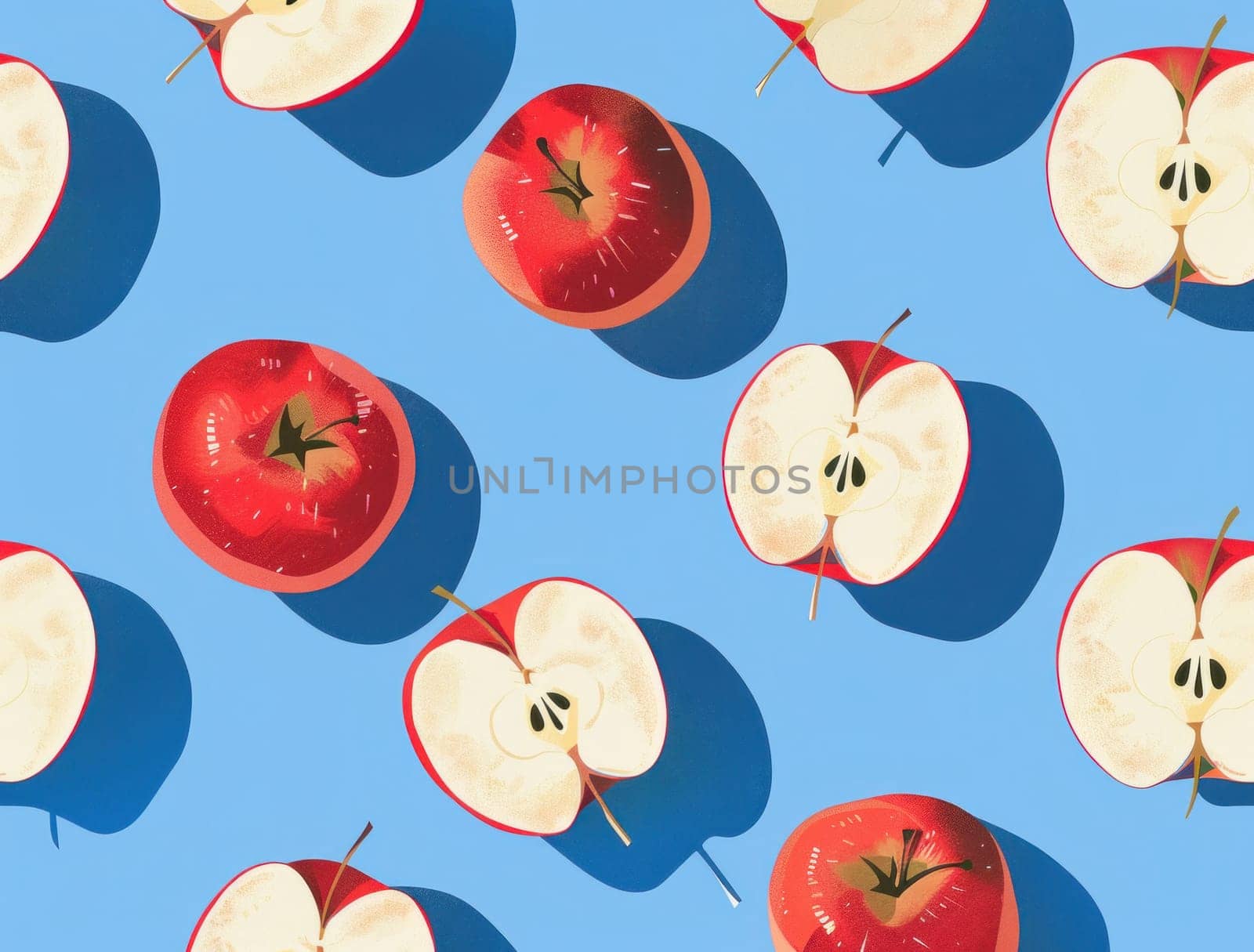 Arrangement of fresh red apples on blue background with halved fruit vibrant fruit pattern for kitchen or health concept