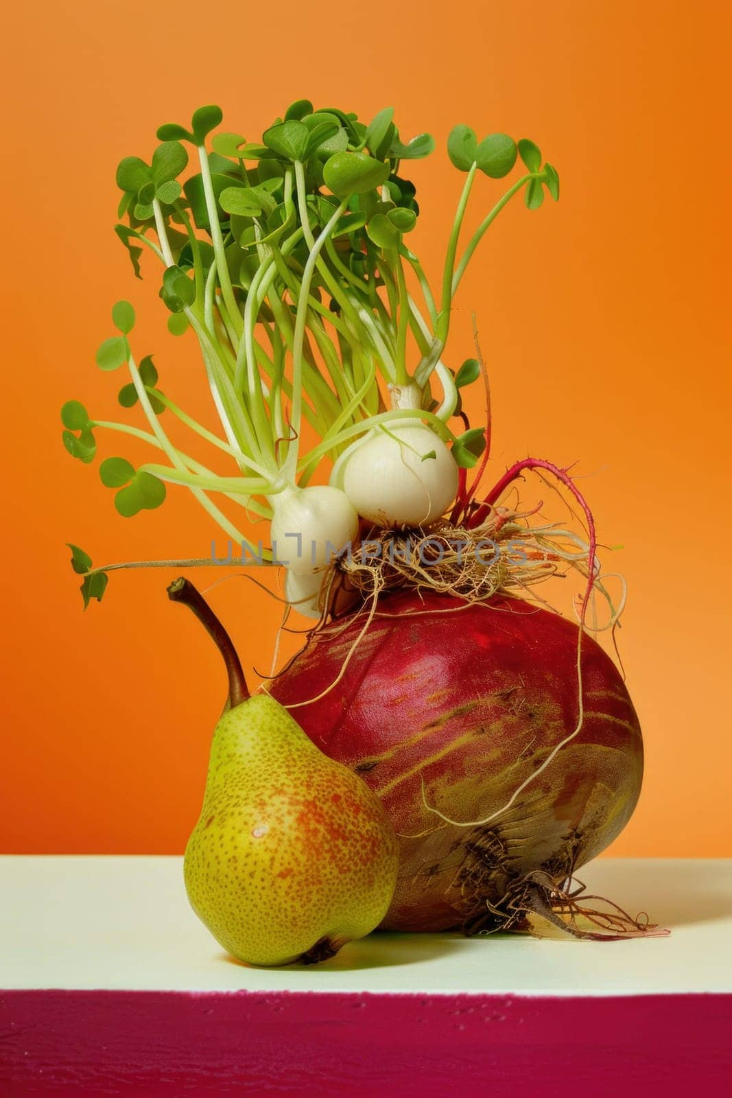 Healthy food and freshness concept pear and radish with sprouts on table