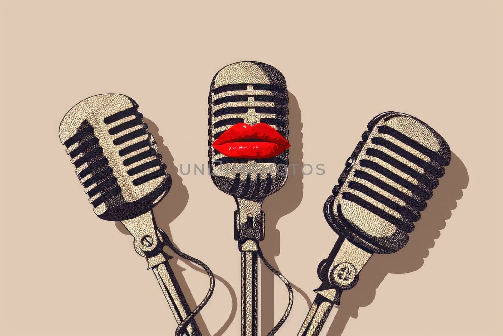 Vintage microphones with red lipstick accents a touch of glamour and nostalgia