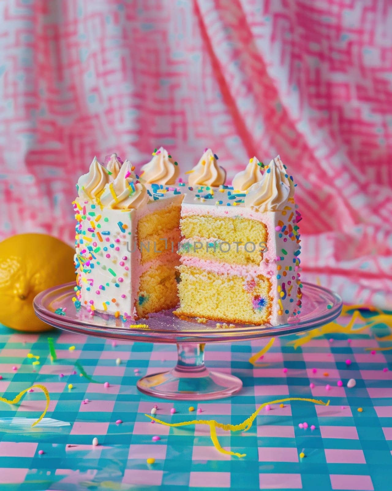 Delicious cake on glass stand on checkered tablecloth in a cozy kitchen setting