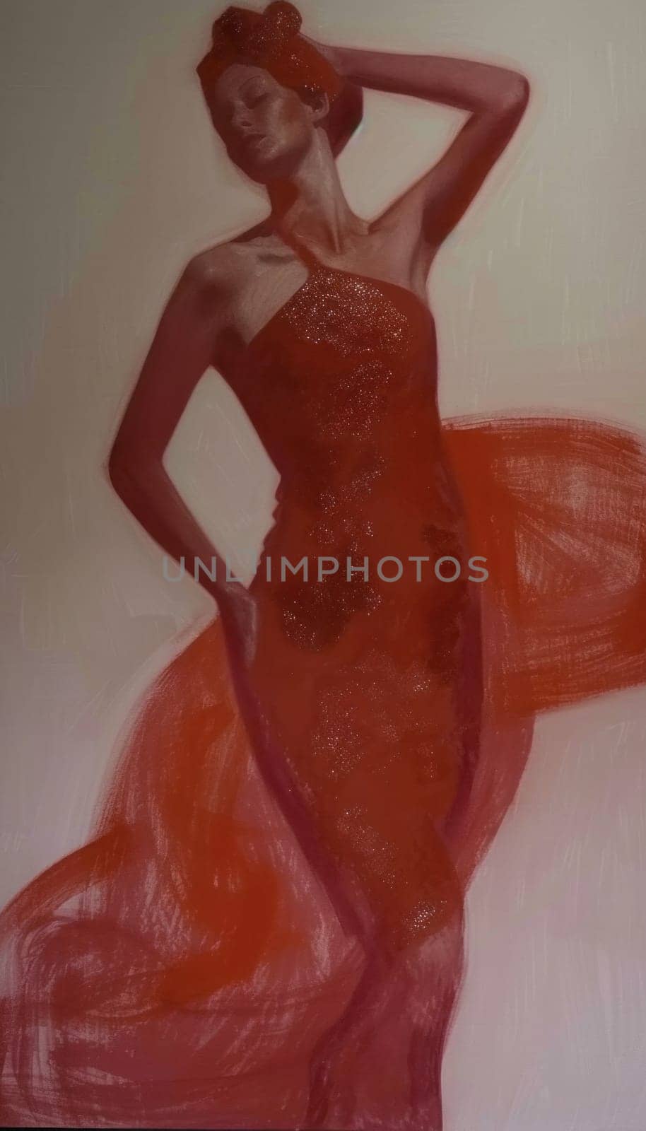 Woman in red dress with arms raised in celebration of beauty and fashion, artistic expression of joy and elegance