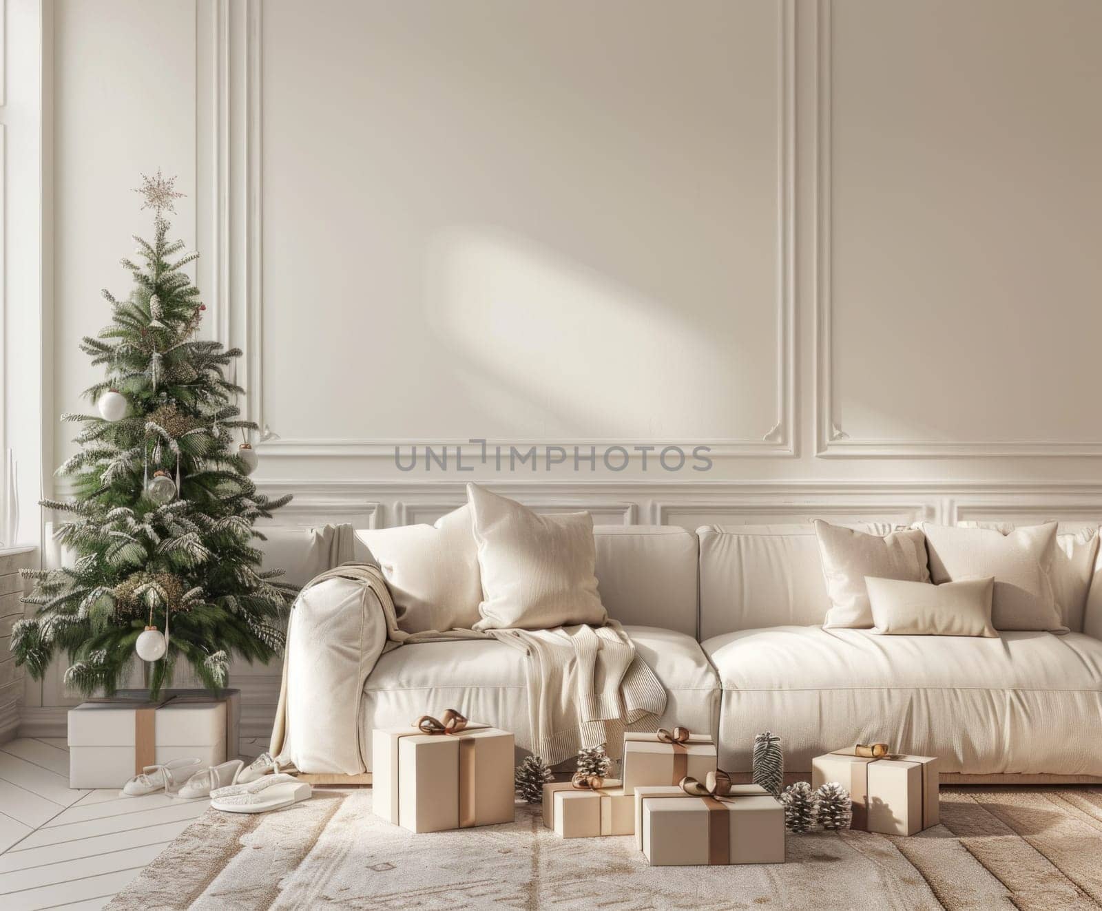 Festive white living room decorated with christmas tree and presents for holiday celebration