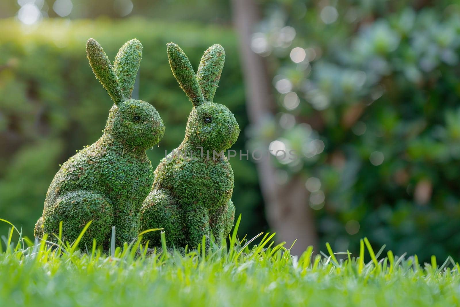 Two rabbits enjoying a tranquil moment in a beautiful green meadow with majestic trees in the background