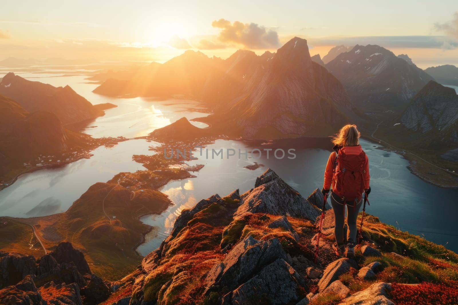 Woman standing on top of majestic mountain overlooking lake and mountains in norway, travel and adventure concept