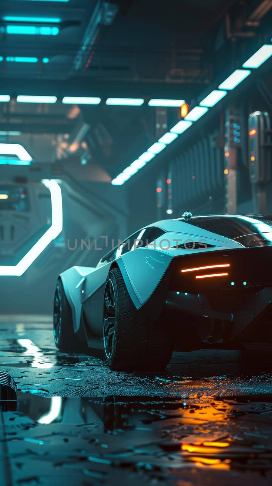 A futuristic supercar stands in a sci-fi corridor, its lines aglow with neon precision. The environment echoes the vehicle's cutting-edge aesthetics