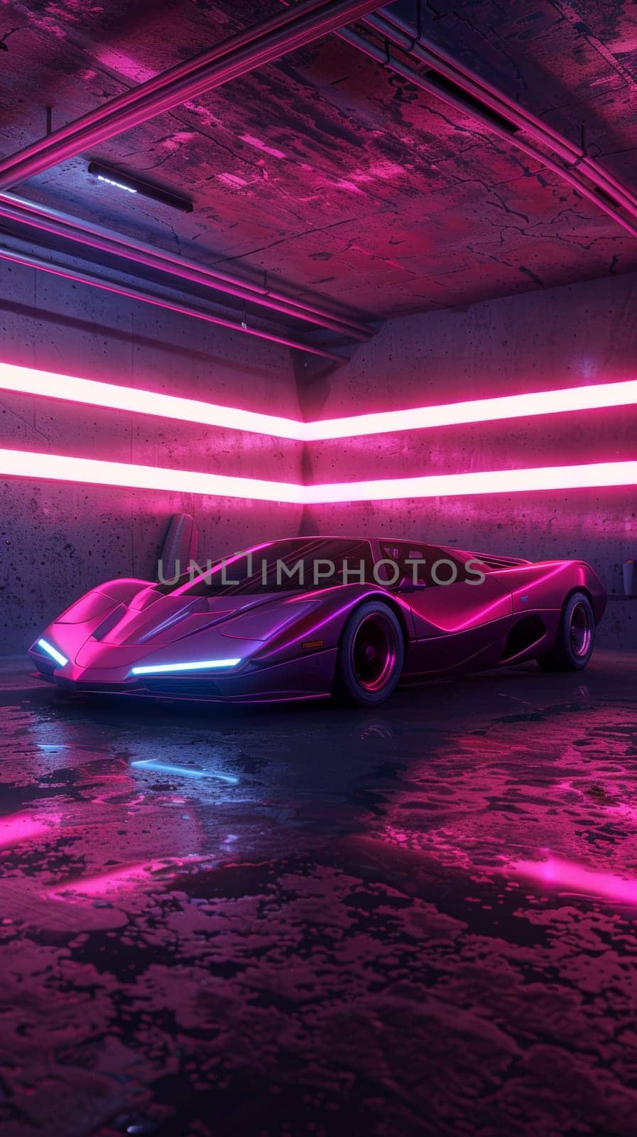 A sleek supercar bathed in pink neon exudes stealth and style. The car's aerodynamic design is highlighted by the ambient glow, creating a striking visual. by sfinks