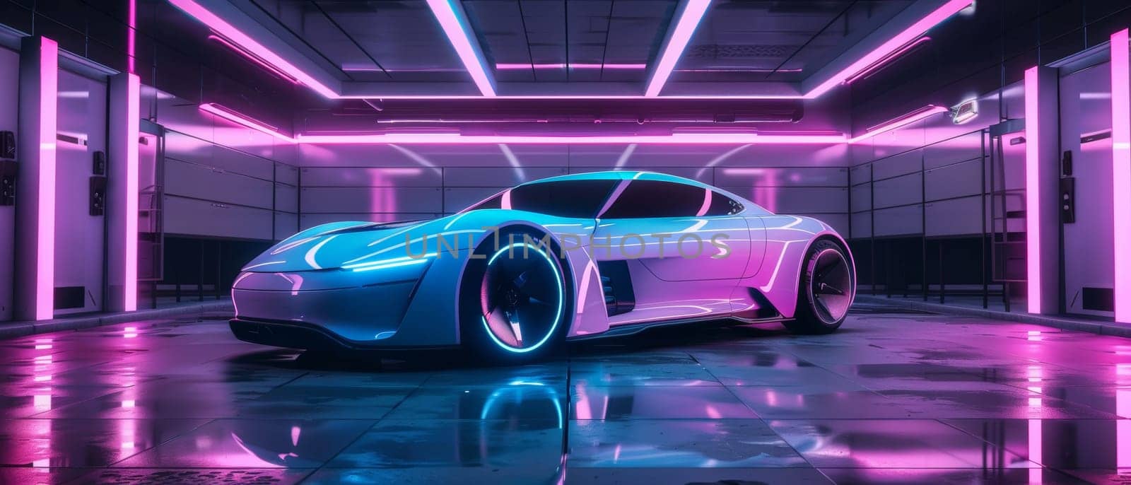 This electric car boasts a futuristic silhouette lit by cyber neon accents, casting reflections on the glossy floor. Its design merges efficiency with a cyber aesthetic, hinting at the next era
