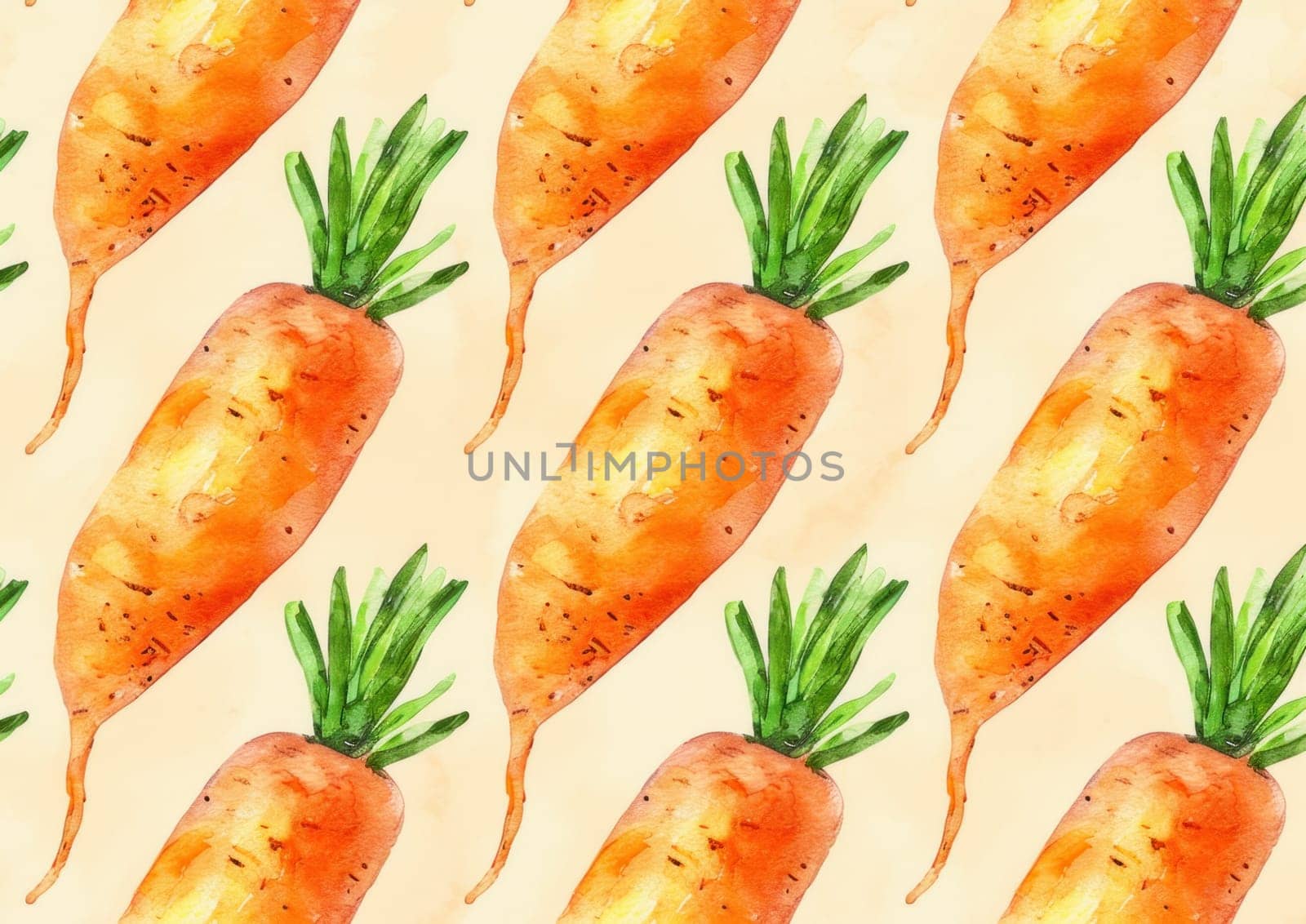 Watercolor pattern of carrots on light beige background with green leaves, fresh natural organic vegetable farm design