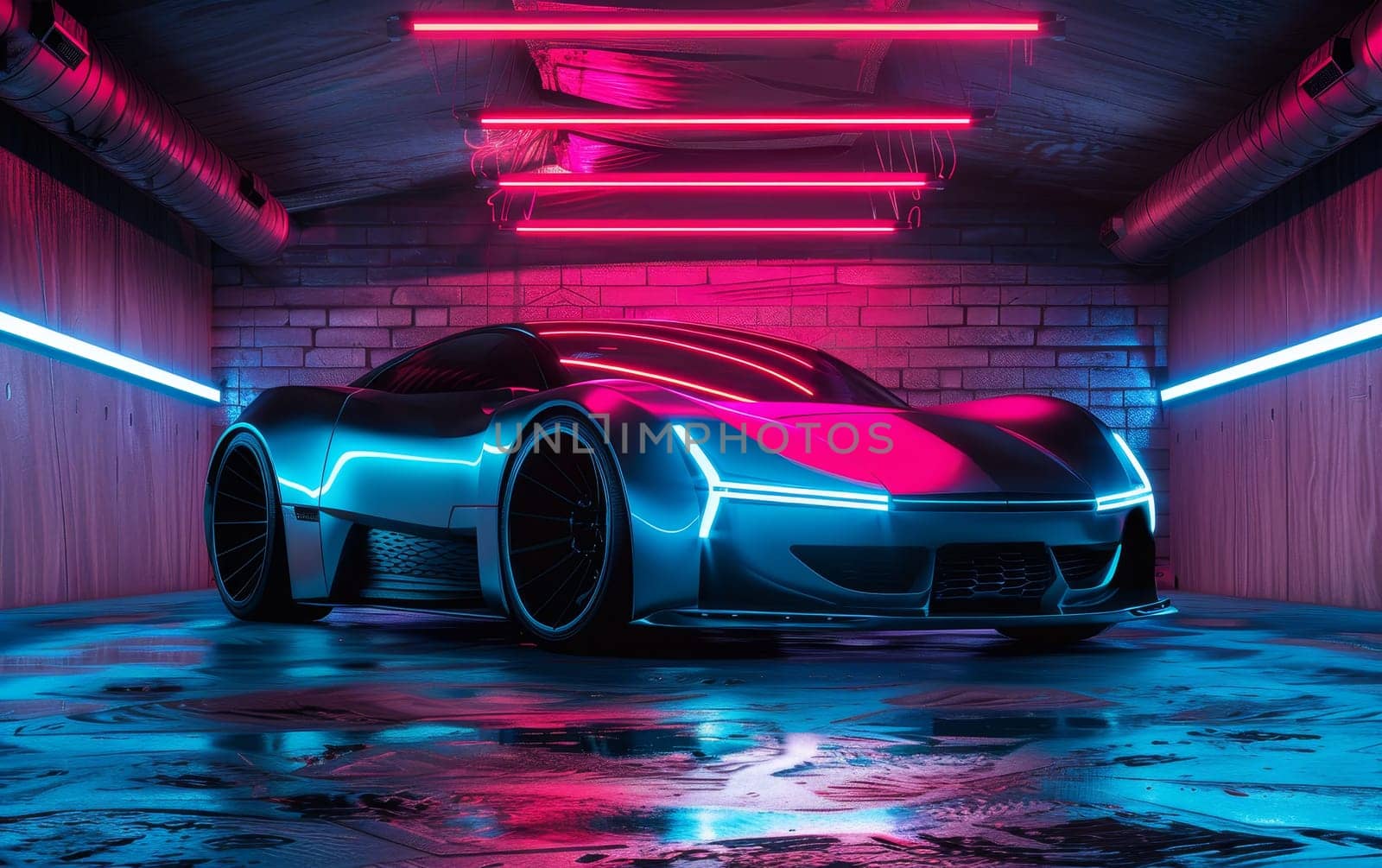 A modern electric car shines under the crimson neon lights of an underground parking, showcasing a sophisticated and futuristic design. Vehicle reflects a blend of performance and cutting-edge style. by sfinks