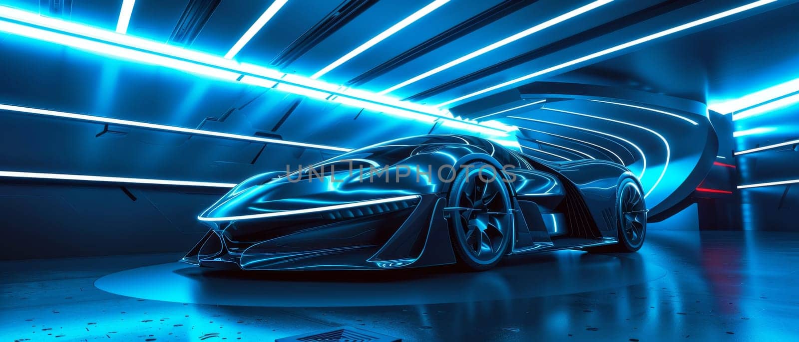 A hypercar vision comes to life under blue neon lights, its contours highlighted against the sleek, futuristic architecture of a high-tech garage. It embodies the intersection of speed and science . by sfinks