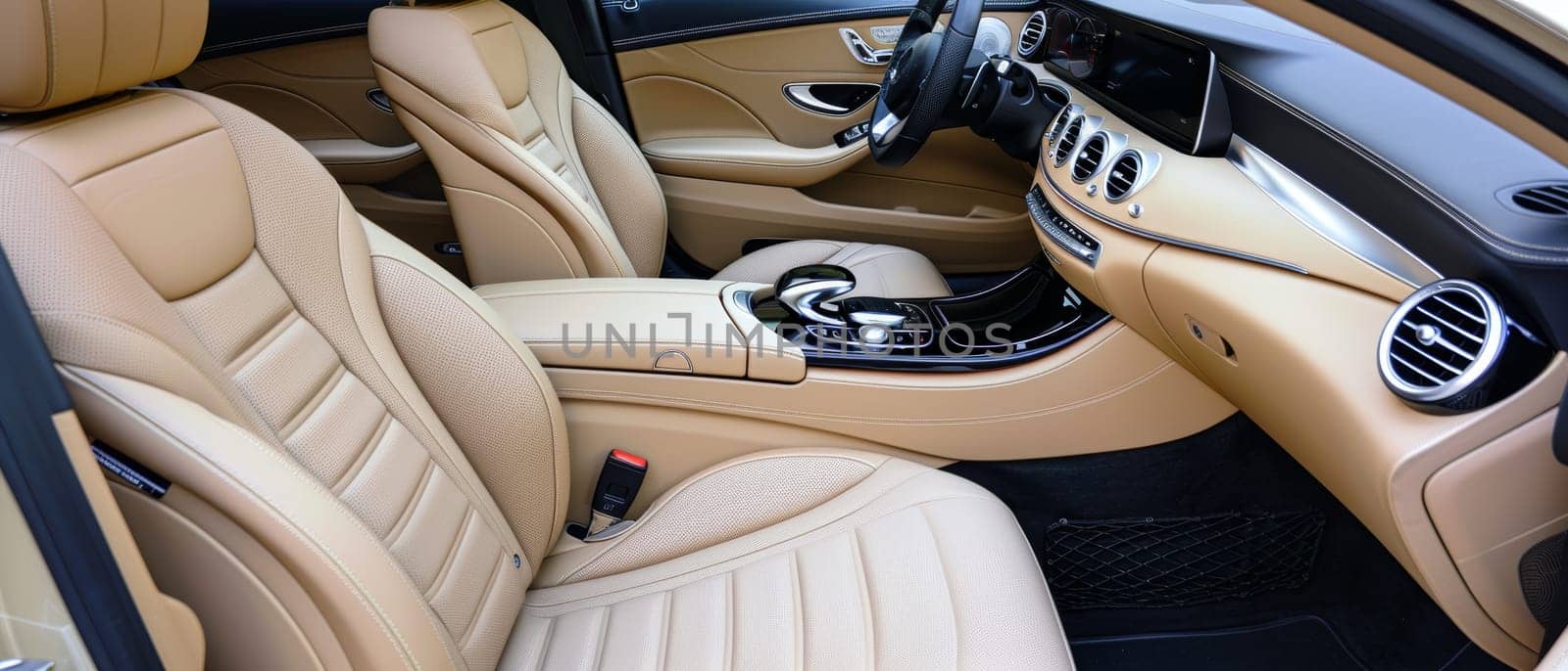 The opulent interior of a vehicle is bathed in warm tones, highlighting the fine leather seats and meticulous attention to detail, a hallmark of luxury and comfort in upscale automotive design. by sfinks