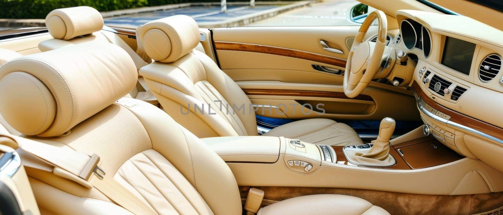 This elegant vehicle interior, decked in tan leather with panoramic views, offers a serene and opulent driving experience. The design speaks to a harmonious blend of luxury and spaciousness