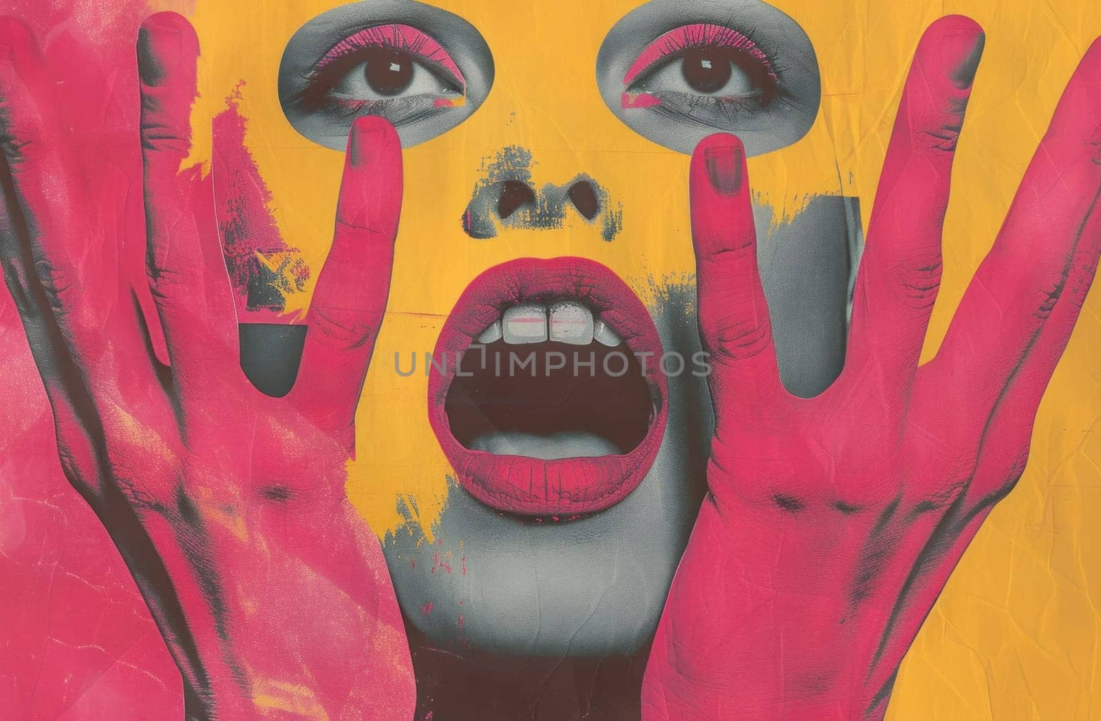 Woman with painted hands in pink and yellow expressive artistic portrait with beauty and emotion