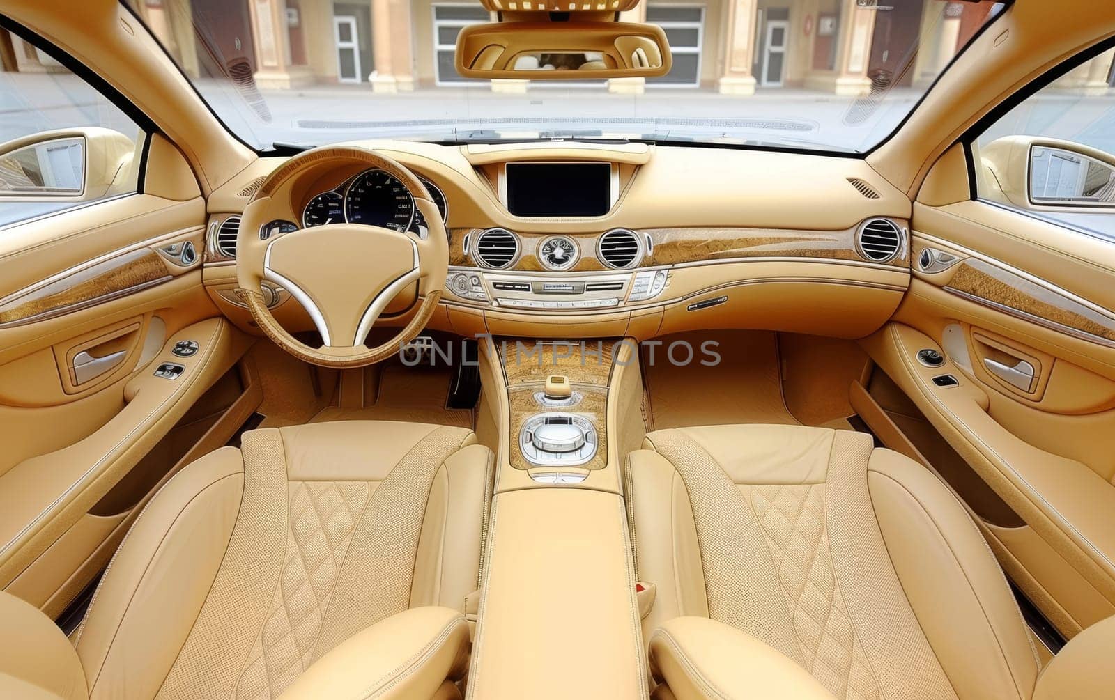 A luxe car interior boasts beige leather seats and intricate wood trim, the epitome of sophistication and comfort. The cabin's design prioritizes elegance and a superior driving experience. by sfinks