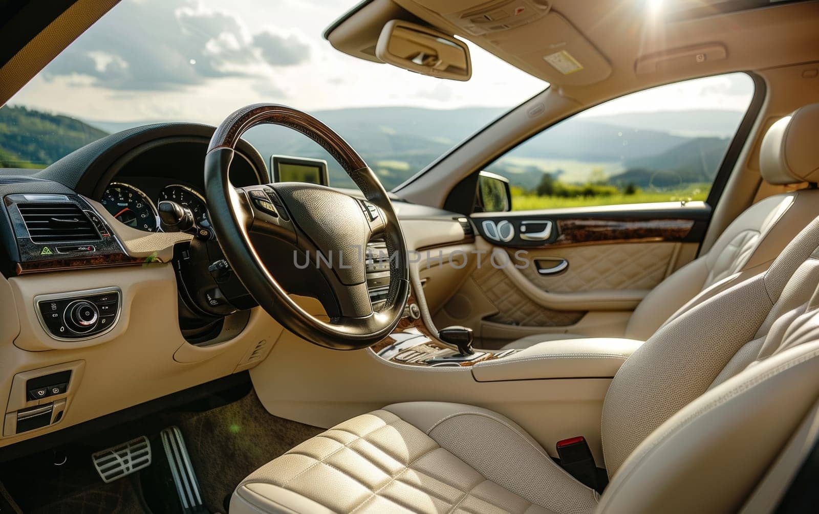 Sunlight streams into the car, illuminating the plush beige leather interior with a panoramic view of the rolling hills, offering a serene drive in a luxuriously appointed cabin. by sfinks